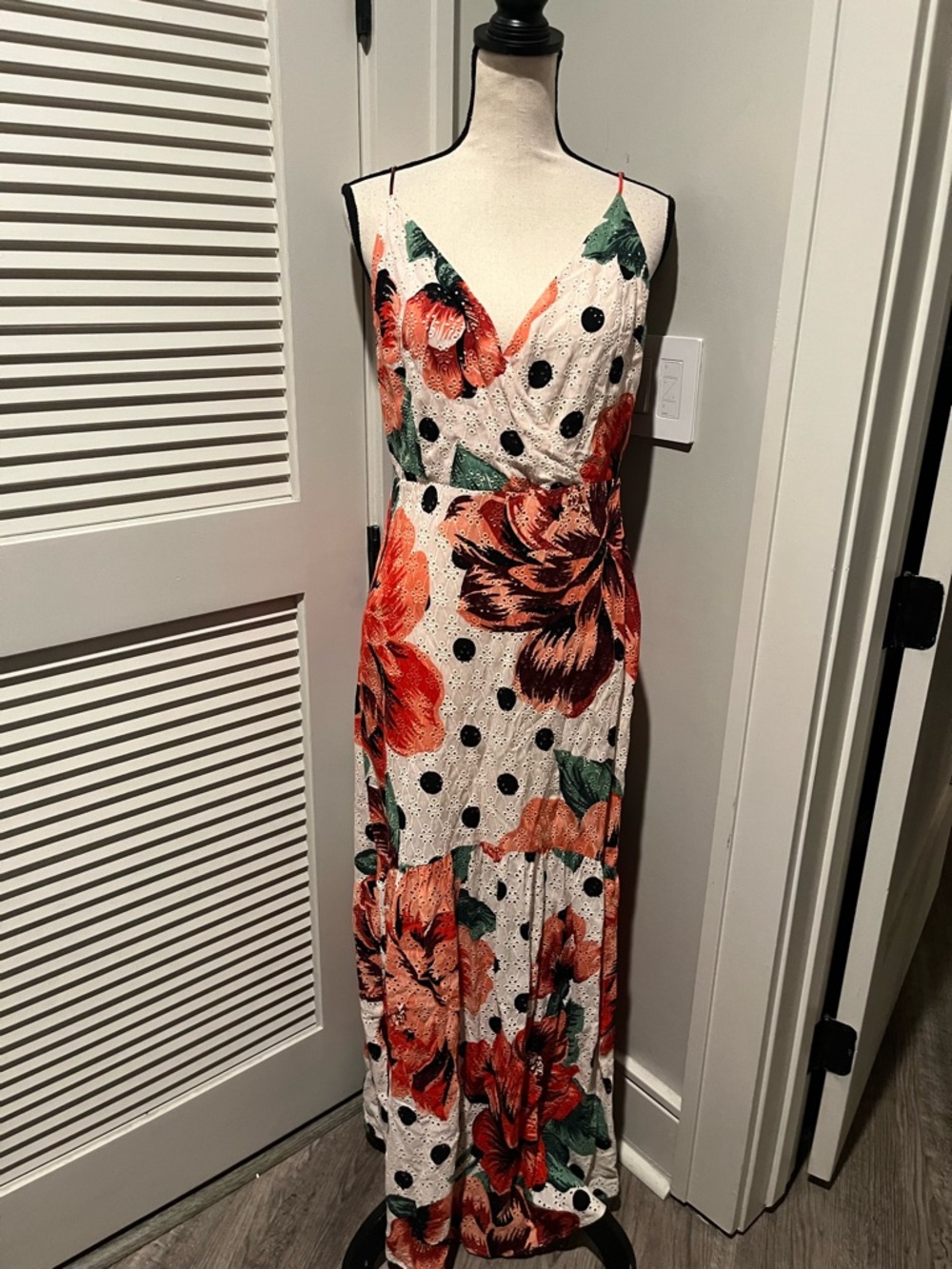 Anthropologie White Maxi Dress with Coral Floral & Black Polka Dots